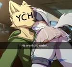 anthro bottomwear car car_interior clothing duo femboy fur hoodie inside_car inside_vehicle male male/male ordering_food rear_view skirt tan_body tan_fur text topwear vehicle white_body white_fur ds0ivi0 he_wants_to_order stiria ych_(character) canid canine canis humanoid mammal wolf hi_res meme