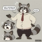 anthro belly biped black_nose blush clothing grey_body humanoid_hands male multiple_poses necktie overweight overweight_male pose shirt simple_background solo topwear steven_huang mammal procyonid raccoon 1:1 2022 hi_res