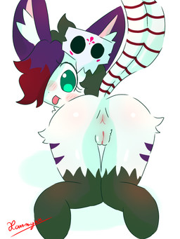 2_tails adolescent anthro anus bent_over black_nose blush butt eyelashes featureless_feet feet female fur genitals green_body green_fur green_hair hair inner_ear_fluff looking_at_viewer looking_back markings mask mask_only mostly_nude multi_tail multicolored_hair nude nude_anthro nude_female pink_inner_ear presenting presenting_anus presenting_vulva purple_ears purple_hair rear_view red_hair red_tail solo striped_markings striped_tail stripes tail tail_markings tongue tongue_out tuft vulva white_body white_fur white_inner_ear_fluff white_tail young young_anthro young_female conditional_dnp xammyxx demi_(xammyxx) domestic_cat felid feline felis mammal 2025 3:4 absurd_res digital_media_(artwork) hi_res ibispaint_(artwork) shaded signature watermark