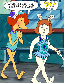 angry anthro blind blush cane clothed clothing disability duo female female/female one-piece_swimsuit swimwear white_cane young unknown_artist arthur_(series) marina_datillo prunella_deegan canid canine canis domestic_dog lagomorph leporid mammal poodle rabbit