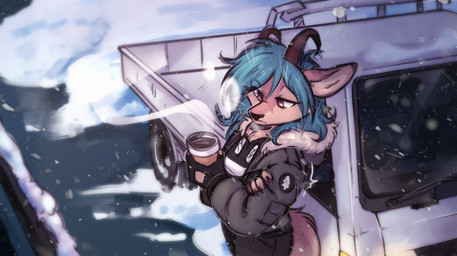 anthro beverage car coffee deer_nose female half_gloves holding_object horn kei_truck looking_down shaking shivering snow snowing solo standing steam turquoise_hair vehicle winter winter_coat lonerdemiurge nail_(character) hi_res