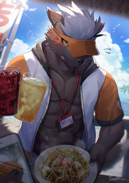 anthro athletic athletic_anthro athletic_male beach beverage black_body black_fur blush clothing cola food fur hair hat headgear headwear lemonade looking_at_viewer male palm_tree pecs plant red_eyes scar seaside soda solo swimwear tree visor_cap white_hair yellow_sclera ponzu_tas lifewonders tokyo_afterschool_summoners tadatomo_(tas) canid canine canis domestic_dog mammal hi_res