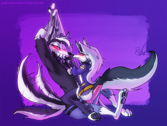 3_toes anthro anthro_on_anthro black_body black_fur black_nose black_pawpads blush bottomless bottomless_anthro bottomless_female bottomwear butt clothed clothing duo erection feet female foreplay fur genitals grey_body grey_fur grey_hair hair hindpaw hot_dogging imminent_sex jacket knot knotted_penis larger_male legwear long_hair male male/female on_lap open_bottomwear open_clothing open_pants pants pawpads paws penis red_sclera sex sitting_on_lap size_difference smaller_female smile stockings straddling tail tail_motion tailwag toes topless topless_anthro topless_male topwear topwear_only undressing white_body white_eyes white_fur robcivecat hellaverse helluva_boss mythology loona_(helluva_boss) pinklie_(helluva_boss) canid canid_demon canine demon hellhound mammal mythological_canine mythological_creature