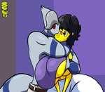 anthro big_breasts black_hair bottomwear breasts clothing duo female grey_body grey_hair hair huge_breasts kissing_cheek male male/female pink_nose shirt skirt topwear yellow_body kuge piku_(kuge) caviid guinea_pig mammal rodent