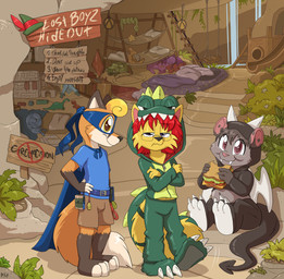 anthro biped black_markings black_nose blue_clothing blue_shirt blue_topwear bottomwear brown_bottomwear brown_clothing brown_hair brown_shorts cave cheek_tuft closed_smile clothed clothing costume countershade_face countershade_fur countershade_torso countershading crossed_arms dipstick_tail eye_mask eyewear facial_tuft fangs feet fingerless_(marking) fluffy fluffy_tail food fur glasses gloves_(marking) grey_body grey_fur group hair head_tuft holding_food holding_object holding_sandwich leg_markings looking_at_viewer male markings mouth_closed multicolored_body multicolored_fur orange_body orange_fur rectangular_glasses red_hair sandwich_(food) shirt short_hair shorts sitting smile socks_(marking) standing tail tail_markings tan_body tan_fur teeth text toeless_(marking) topwear trio tuft two_tone_body two_tone_fur wearing_glasses white_body white_countershading white_fur white_markings young young_anthro young_male fuf ambiguous_species american_opossum canid canine fox mammal marsupial virginia_opossum 2026 absurd_res english_text hi_res