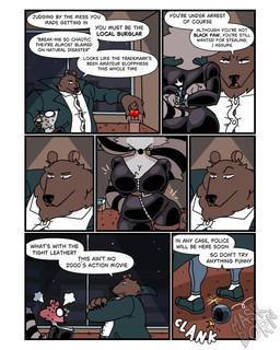 anthro big_breasts black_clothing blush blush_lines bodysuit bomb boots breasts bump bumping clothed clothing coat cuff_(restraint) dialogue display_case duo explosives female female_anthro femme_fatale footwear fur gem handcuffs jacket looking_up_at_another male male/female markings metal_cuffs museum on_display pouch_(clothing) presenting raccoon_tail restraints scared sculpture shocked shoes skinsuit stripes tail tail_markings tall_male text thief tight_clothing topwear diegutan marcos_the_bear uva_the_raccoon bear brown_bear mammal procyonid raccoon ursine 4:5 absurd_res aliasing binary_drawing comic digital_drawing_(artwork) digital_media_(artwork) english_text hi_res