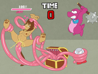 anthro areola biped bodily_fluids breasts brown_body brown_hair cum cum_in_mouth cum_in_vagina cum_inflation cum_inside female genital_fluids group hair heart_symbol holding_mace inflation machine nipples nude penetration pink_body pink_tentacles restrained restrained_by_tentacles sex sharp_teeth simple_background spread_legs spreading teeth tentacle_fellatio tentacle_in_vagina tentacle_penetration tentacle_sex tentacles text vaginal vaginal_penetration lurking_tyger gameoverse glitch_productions gobbles_(gameoverse) kaboodle_(gameoverse) kit_bodega dinosaur domestic_cat felid feline felis mammal mimic prehistoric_species reptile robot scalie 4:3 hi_res