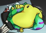 anthro belly beverage big_belly chubby_cheeks clenched_teeth container controller double_chin food furniture green_body green_scales huge_belly hyper hyper_belly inside male moobs morbidly_obese morbidly_obese_anthro morbidly_obese_male nude obese obese_anthro obese_male one_eye_closed overweight overweight_anthro overweight_male pillow pizza_box purple_stripes remote_control scales sitting sofa solo stripes struggling tail teeth thick_tail wide_hips yellow_body yellow_scales roundwombo gex_(series) gex_the_gecko gecko lizard reptile scalie