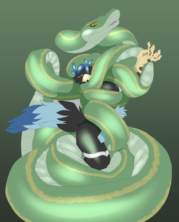anthro beak butt coiling duo feathers feral green_body hair male nude serpentine simple_background size_difference tail yellow_eyes tacokurt kobada shakash_(shakash) avian bird reptile scalie snake absurd_res digital_media_(artwork) hi_res