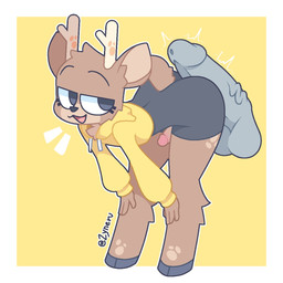 anthro antlers balls bent_over black_clothing black_eyes border brown_body brown_fur butt clothed clothing cropped_hoodie disembodied_penis erection eyebrows femboy fur fur_markings genitals grey_hooves grey_penis hands_on_knees hands_on_legs happy hoodie hooves horn hot_dogging humanoid_genitalia humanoid_penis looking_back male male/male markings multicolored_body multicolored_fur narrowed_eyes open_mouth penis penis_on_butt raised_eyebrows sex short_tail simple_background solo standing tail tan_body tan_fur text topwear tuft two_tone_body two_tone_fur vein veiny_penis white_border yellow_background yellow_clothing yellow_hoodie yellow_topwear zyneru oakley_(aiyhav_nouneim) deer mammal 1:1 2024 artist_name hi_res