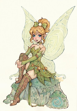 5_fingers anime_style back_wings bare_shoulders belt biped blonde_hair boots clothed clothed_female clothed_humanoid clothing dress eyebrows eyelashes fantasy female female_humanoid fingers footwear fully_clothed fully_clothed_female fully_clothed_humanoid hair humanoid_pointy_ears insect_wings iris leaf_clothing not_furry pointy_ears ponytail pupils shoes sitting solo wings kuridel_black disney_fairies peter_pan tinker_bell_(disney) fairy humanoid winged_humanoid full-length_portrait hi_res portrait