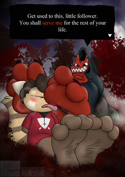 3_toes ambiguous_gender anthro barefoot black_clothing black_robe blush brown_body brown_fur claws clothing dialogue duo eyes_closed feet foot_fetish foot_lick foot_play fur hair hands_behind_back licking male markings multicolored_body multicolored_fur notched_ear pink_tongue red_body red_clothing red_fur robe sharp_teeth sitting smile soles striped_markings striped_tail stripes tail tail_markings talking_to_another tan_body tan_fur teeth text toe_claws toes tongue tongue_out white_body white_fur wrinkled_feet wrinkles coyocislav skonczonyidiota cult_of_the_lamb massive_monster_(studio) fox_(cult_of_the_lamb) quixent ailurid canid canine fox mammal red_panda english_text hi_res nonbinary_(lore)