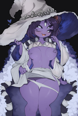 big_hat breast_grab breasts clothed clothing cosplay covering covering_breasts crossover_cosplay dress female hair hand_on_breast hat headgear headwear multi_arm multi_eye multi_limb open_mouth panties purple_body smile solo thong topless underwear white_clothing white_panties white_underwear witch_hat yoru_vida elden_ring fromsoftware undertale undertale_(series) muffet ranni_the_witch animal_humanoid arachnid arachnid_humanoid arthropod arthropod_humanoid humanoid spider spider_humanoid absurd_res crossover hi_res