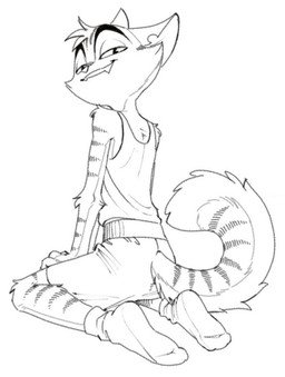 bottomwear clothing eyebrows footwear half-closed_eyes kneeling looking_back male narrowed_eyes raised_eyebrow shirt shorts smile smirk socks solo tail tank_top topwear white_clothing white_footwear white_socks hot-coco lackadaisy rocky_rickaby domestic_cat felid feline felis mammal hi_res