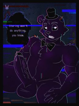 anthro balls big_penis black_eyes bodily_fluids bow_tie chest_tuft clothing dialogue genital_fluids genitals glitch hand_on_leg hand_on_thigh hat headgear headwear leaking_precum looking_at_viewer machine male missing_ear musclegut muscular muscular_male nude open_mouth penis precum pubes pupils purple_body shadow sitting solo speech_bubble teeth text top_hat tuft vein veiny_penis white_pupils wire hornbunxx five_nights_at_freddy's five_nights_at_freddy's_2 scottgames shadow_freddy_(fnaf) animatronic bear mammal robot digital_drawing_(artwork) digital_media_(artwork) english_text hi_res watermark