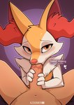 absurd_res anthro anthro_penetrated azoomer bodily_fluids braixen canid canine digital_media_(artwork) duo english_text fellatio female female_on_human female_penetrated first_person_view fur generation_6_pokemon genitals hi_res human human_on_anthro human_penetrating human_penetrating_anthro human_penetrating_female human_pov inner_ear_fluff interspecies looking_at_viewer lying_and_blow_position male male/female male_on_anthro male_penetrating male_penetrating_anthro male_penetrating_female male_pov mammal nintendo nude oral oral_penetration penetrating_pov penetration penile penile_penetration penis penis_in_mouth pokemon pokemon_(species) pokephilia saliva sex simple_background text tuft yellow_body yellow_fur