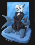 2017 accessory anthro biped blue_eyes bottomwear breasts cleavage clothed clothing collar cyana_(code-blocker) ear_piercing eyebrows eyelashes female fish furgonomics hair hi_res hoodie kneeling looking_at_viewer marine non-mammal_breasts piercing pillow shark skirt smile solo tail tail_accessory tail_through_skirt tailband topwear water white_hair wmdiscovery93