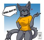 2020 anthro awoogasm big_breasts blue_eyes blue_sclera bottomless breasts claws clothed clothing digital_media_(artwork) fangs felid feline felis female fluffy fluffy_tail fur genitals grey_body grey_fur hair heart_symbol hi_res mammal pussy quinn_(voxelcubed) simple_background smile solo sweater tail teeth text topwear wide_hips