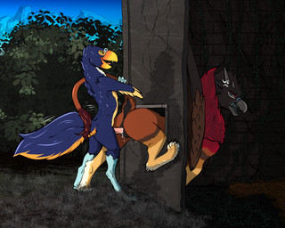 angry anthro anthro_on_feral anthro_penetrating anthro_penetrating_feral anus beak bestiality bodily_fluids butt cross-popping_vein digitigrade duo erection feathered_wings feathers feet female female_feral female_penetrated feral feral_penetrated fur genital_fluids genitals holding_tail looking_back male male/female male_anthro male_penetrating male_penetrating_female nude open_beak open_mouth outdoor_nudity outside outside_sex paws penetration penile penile_penetration penis penis_in_vagina plant questionable_consent sex smile standing standing_sex tail through_wall toes tongue vaginal vaginal_penetration vulva wings zafara_(artist) mythology tucakeane avian bird gryphon mythological_avian mythological_creature piciform terrorbird toucan digital_media_(artwork) hi_res
