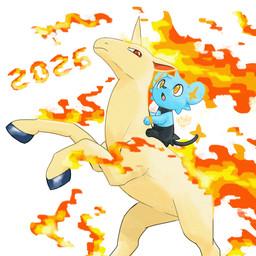 ambiguous_gender duo feral fire flaming_hair flaming_mane flaming_tail hooves horn pseudo_hair pseudo_mane quadruped tail energyluxray chinese_zodiac nintendo pokemon year_of_the_horse equid equine generation_1_pokemon generation_4_pokemon mammal pokemon_(species) rapidash shinx 1:1 2026 absurd_res hi_res