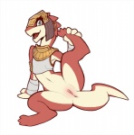 anthro anus armlet armor bandage bottomless clothed clothing drauk ever_oasis feet female genitals holding_feet miura nintendo presenting presenting_anus presenting_pussy pussy red_body red_skin scalie semi-anthro simple_background smile snowskau solo white_background