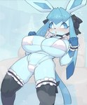 anthro big_breasts bikini bikini_bottom bikini_top blue_body blush breasts camel_toe clothed clothing female huge_breasts legwear simple_background solo swimwear tail two-piece_swimsuit rikose nintendo pokemon eeveelution generation_4_pokemon glaceon pokemon_(species) digital_media_(artwork)