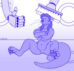 anthro barefoot bathroom bathtub biped blue_and_white breasts brush curling_toes feet female gesture hand_gesture hindpaw lord_magicpants machine mammal membrane_(anatomy) monochrome mustelid nipples nude otter paws robot robotic_arm sketch solo species_transformation thumbs_up toes transformation webbed_feet