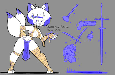 anthro bandage bandaged_arm bandaged_chest bandaged_leg big_breasts blue_eyes blue_hair blush blush_lines bottomwear breasts cleavage clothed clothing dialogue fangs female fur grey_background gun hair handgun heart_symbol holy_hand_grenade_of_antioch loincloth looking_at_viewer melee_weapon multi_tail navel pistol plunger ranged_weapon scroll simple_background solo spiral spiral_eyes summoning sword tail teeth text thick_thighs tools weapon white_body white_fur white_hair wide_hips zweihander usagibun1 monty_python monty_python_and_the_holy_grail ayumi_(usagibun1) canid canine fox mammal 2024 digital_media_(artwork) english_text meme