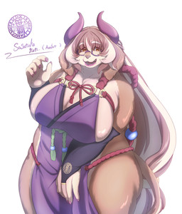anthro big_breasts black_nose breasts brown_body brown_eyes brown_fur brown_hair clothing colored_nails eyewear female female_anthro fur glasses glistening glistening_body glistening_fur hair horn huge_breasts looking_at_viewer mole_under_mouth nails open_mouth overweight overweight_female pink_nails purple_clothing purple_horn side_boob simple_background solo standing tail tan_body tan_fur thick_thighs white_background wide_hips sasanoha6011 sasanoha_mom canid canine canis domestic_dog mammal hi_res