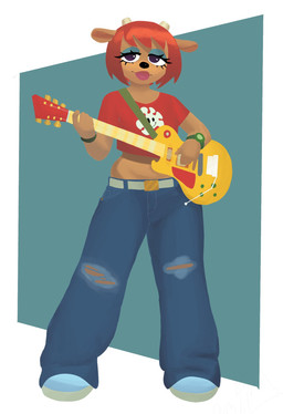 2_horns anthro baggy_jeans belt blue_bottomwear blue_clothing blue_eyeshadow blue_footwear blue_jeans blue_pants blue_shoes bottomwear clock clothed clothed_anthro clothed_female clothing crop_top denim denim_bottomwear denim_clothing eyeshadow female female_anthro fingers footwear front_view geometric_background green_wristwatch guitar hair head_horn holding_guitar holding_musical_instrument holding_object horn jeans makeup midriff musical_instrument orange_body orange_ears oversized_bottomwear oversized_clothing oversized_pants pants plucked_string_instrument red_clothing red_crop_top red_hair red_shirt red_topwear shirt shoes short_hair simple_background solo string_instrument topwear torn_bottomwear torn_clothing torn_jeans torn_pants watch whammy_bar white_background white_sclera wristwatch yellow_guitar dumbwitchyy parappa_the_rapper sony_corporation sony_interactive_entertainment um_jammer_lammy lammy_lamb bovid caprine mammal sheep 2025 digital_drawing_(artwork) digital_media_(artwork) full-length_portrait hi_res portrait