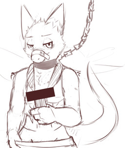 anthro arm_tuft blush bound chain chained clothed clothing collar front_view head_tuft holding_object looking_at_viewer male mouth_closed muzzle_(object) muzzled narrowed_eyes shoulder_tuft simple_background solo topwear tuft undressing kuttoyaki unknown_species absurd_res half-length_portrait hi_res monochrome portrait sketch