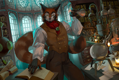 alchemist anthro black_body black_fur book bookshelf bottomwear brown_body brown_fur chemistry clothing detailed_background erlenmeyer_flask eyewear fur furniture gem glasses glasses_chain green_eyes inside kerchief laboratory_equipment laboratory_glassware library logo male markings neckerchief neckwear pants reading reading_book scientific_instrument scroll solo striped_markings striped_tail stripes tail tail_markings text topwear vest wearing_glasses window german_braga partran_(red_panda) ailurid mammal red_panda 2021 artist_logo artist_name digital_media_(artwork)