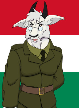 anthro black_horn brown_eyes clothing eyewear fur glasses horn hungarian_flag male military_uniform necktie solo uniform wearing_glasses white_body white_fur droll3 teleki_(droll3) bovid caprine goat mammal 2013 colored digital_drawing_(artwork) digital_media_(artwork) english_description hi_res shaded
