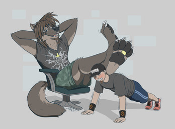 4_toes anthro barefoot black_nose black_pawpads blush bodily_fluids brown_body brown_fur brown_hair claws clenched_teeth clothed clothing duo exercise facial_hair feet feet_together foot_fetish foot_focus foot_on_back forniphilia fur hair long_hair looking_at_another looking_at_partner male multicolored_body open_mouth pawpads paws push-up sitting size_difference sweat teeth toe_claws toes two_tone_body uroko human mammal 2020 hi_res