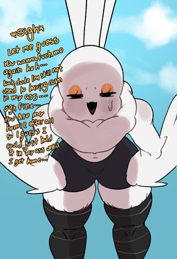 anthro beak bent_over bottomwear clothing dialogue eyeshadow feathers femboy legwear makeup male neck_tuft shorts solo stockings tail tail_feathers text thigh_highs tuft white_body white_feathers meweeze burd_(meweeze) avian bird 2026 digital_media_(artwork) english_text hi_res