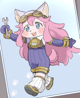 anthro blue_eyes blush blush_stickers clothing eyewear eyewear_on_head fangs female footwear fur goggles goggles_on_head hair hat headgear headwear holding_object holding_tool holding_wrench jumpsuit leg_warmers legwear long_hair open_mouth open_smile pink_body pink_fur pink_hair shoes smile solo style_emulation teeth tools walking wrench ctog cyberconnect2 little_tail_bronx solatorobo trickcal chocolat_gelato canid canine caninu canis domestic_dog mammal pomeranian spitz 2026 digital_media_(artwork) hi_res