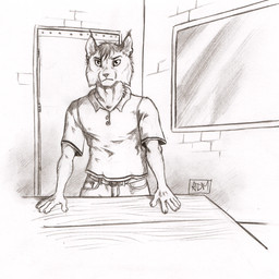 5_fingers anthro bottomwear clothed clothing door fingers fur furniture hair hands_on_table inside looking_at_viewer looking_forward pants shirt solo standing table topwear 0laffson felid feline lynx mammal 1:1 2018 graphite_(artwork) hi_res signature traditional_media_(artwork)