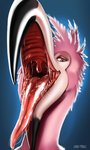 ambiguous_gender anthro beak bodily_fluids close-up drooling feathers gaping_mouth looking_at_viewer mouth_shot open_beak open_mouth open_smile pink_body pink_eyes pink_feathers pink_tongue saliva smile smiling_at_viewer solo teeth throat tongue tongue_out toothed_beak uvula saru-mars issac_(potatoflamingo) avian bird flamingo 2021 3:5 absurd_res digital_media_(artwork) hi_res shaded signature