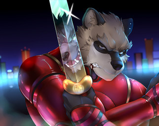 anthro black_nose brown_body brown_fur clothed clothed_anthro clothed_male clothing fur green_eyes holding_melee_weapon holding_object holding_sword holding_weapon male melee_weapon purple_eyes reflection solo_focus sword weapon purtropos super-nova jacob_(super-nova) nick_saunders_(templar) canid canine canis mammal procyonid raccoon wolf