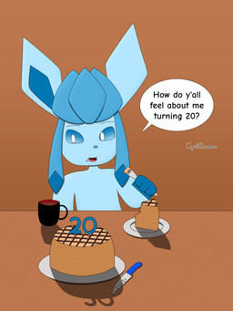 anthro asking_viewer birthday birthday_cake cake dessert eating food furniture gradient_background looking_at_viewer male pokemorph simple_background sitting solo speech_bubble table text cyrildraws nintendo pokemon cyril_the_glaceon_(cyrildraws) eeveelution generation_4_pokemon glaceon pokemon_(species) 2026 3:4 digital_media_(artwork) english_text hi_res shaded signature