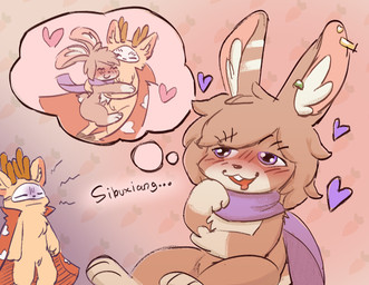 anthro big_tail blush blush_lines bodily_fluids cape carrot chest_tuft cloak cloak_only clothing cuddling dialogue drooling duo eyes_closed feet fluffy food heart_symbol hearts_around_body hug hugging_another male male/male mask mostly_nude piercing plant purple_eyes saliva scarf scarf_only steam sweat tail text thought_bubble tuft vegetable marpystar fabulous_beasts mythology sibuxiang_the_deer_(fabulous_beasts) tuye_(fabulous_beasts) deer lagomorph leporid mammal rabbit