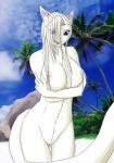 anthro big_breasts breasts female genitals hair nipples pussy solo white_hair gtoyaannno mericella domestic_cat felid feline felis mammal hi_res