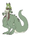 2_horns 5_fingers big_breasts big_tail breasts cleavage clothed clothed_female clothed_humanoid clothing digitigrade female fingers green_hair hair horn humanoid_pointy_ears long_hair pointy_ears simple_background solo standing tail thick_thighs white_background yellow_eyes thevarking animal_humanoid dinosaur_humanoid humanoid reptile reptile_humanoid scalie scalie_humanoid 2024