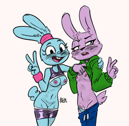 5_fingers anthro areola aroused blush blush_lines bodily_fluids bottomwear bottomwear_down bra bra_up breast_out breast_size_difference breasts buckteeth clothed clothing clothing_lift cotton_tail duo ears_tied_back erect_nipples eyebrows eyelashes female female/female female_anthro fingers fur genitals gesture glistening glistening_genitalia glistening_pussy half-closed_eyes hand_gesture hoodie hoodie_lift humanoid_genitalia humanoid_pussy looking_aside medium_breasts narrowed_eyes navel nipples open_mouth open_smile panties panties_down pants pants_down partially_clothed partially_clothed_anthro partially_clothed_female pussy raised_clothing raised_shirt raised_tank_top raised_topwear scut_tail shirt short_tail shorts shorts_down small_breasts smile sweat sweatpants sweaty_face tail tank_top teeth tongue topwear underwear underwear_down v_sign soulcentinel third-party_edit squitoo_(colorist) roommates:motha beanie_(roommates) bonbon_(roommates) lagomorph leporid mammal rabbit 2025 color_edit colored signature
