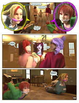 anthro bdsm bondage bound cleave_gag comic_panel dialogue duo female gag group inside library male restraints rope rope_bondage speech_bubble trio perturbedmania natalie_whitlow canid canine canis domestic_dog human jackal mammal 3d_(artwork) comic daz_studio_(artwork) digital_media_(artwork) hi_res