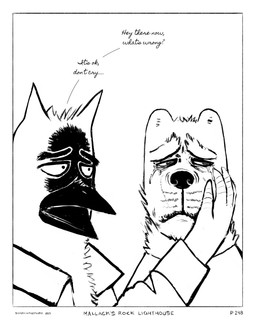 anthro beak black_beak black_nose bodily_fluids border clothing collared_shirt dialogue duo eyebrows facial_scar holding_arm holding_face looking_away male markings sad scar shirt simple_background tears thick_eyebrows topwear whisker_markings white_background white_border worried sharkinthepark maccaw_(sharkinthepark) macleish_(sharkinthepark) avian bird canid canine canis domestic_dog mammal owl 2024 4:5 absurd_res black_and_white comic hi_res monochrome