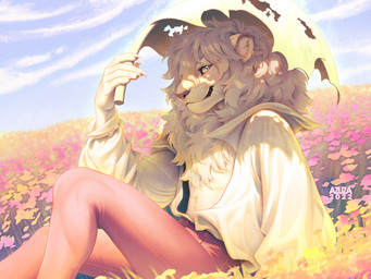 anthro blue_eyes bottomwear claws closed_smile clothed clothing ear_piercing fangs finger_claws fur glistening glistening_eyes hair leaf looking_at_viewer male mane monotone_body monotone_fur mouth_closed open_clothing open_topwear outside pants piercing red_bottomwear red_clothing red_pants smile solo teeth text topwear white_body white_claws white_clothing white_fur white_hair white_mane white_topwear azuza felid lion mammal pantherine 2022 4:3 artist_name dated hi_res