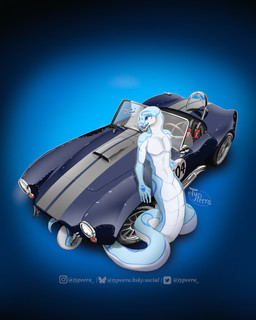 anthro blue_body car gradient_background leaning_on_object male multicolored_body nude scales simple_background solo vehicle white_body typeera shelby_cobra reptile scalie snake 4:5 absurd_res hi_res