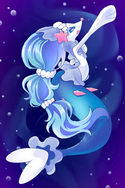 ambiguous_gender blue_body blue_hair feral hair long_hair solo starfish_(accessory) tied_hair white_body kam_kam_ba nintendo pokemon aquatic asterozoan echinoderm generation_7_pokemon pokemon_(species) primarina starfish 2026 2:3 absurd_res full-length_portrait hi_res portrait