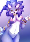 anthro areola black_sclera breasts countershading female fur genitals hair inner_ear_fluff jewelry looking_at_viewer mane mane_hair navel necklace nipples open_mouth pink_areola pink_nipples pupils purple_body purple_fur pussy red_eyes slit_pupils solo tongue tuft white_body white_fur plushcrochet trials_of_mana belladonna_(trials_of_mana) felid mammal absurd_res hi_res